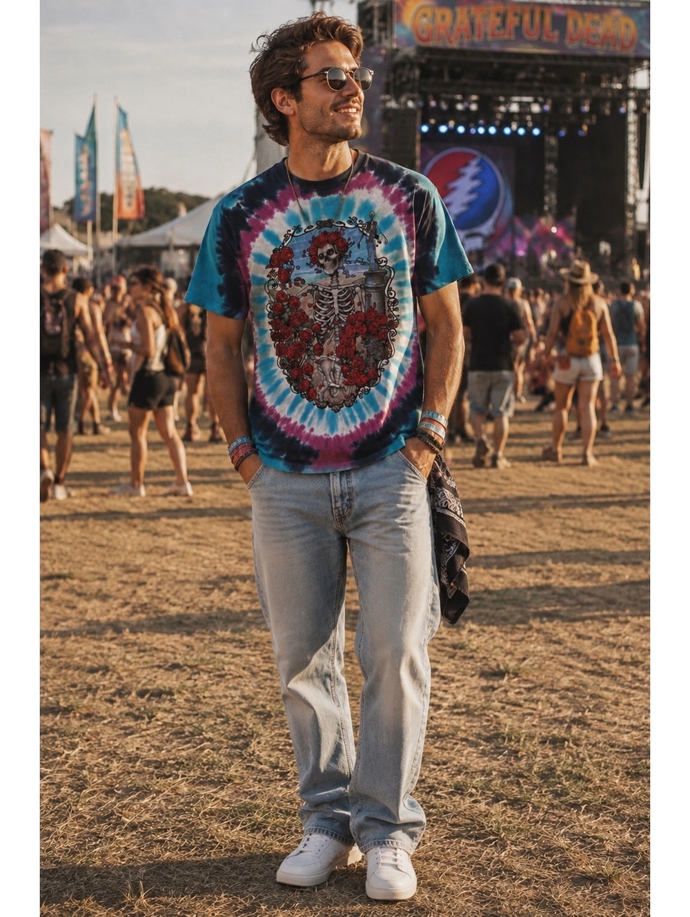 Vtg Grateful Dead Liquid Blue Tie-Dye T-Shirt | Skeleton & Roses | Early 2000s